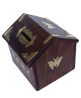 Desi Karigar Sheesham Wood Hut Shaped Money Bank - Dark Brown