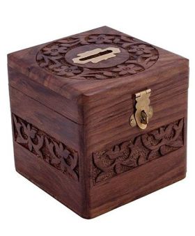 Desi Karigar Handmade Wooden Square Money Bank - Brown