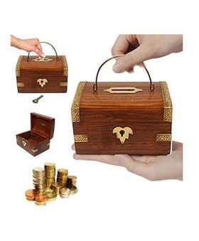 Desi Karigar Handcrafted Wooden Money Bank With Key - Brown
