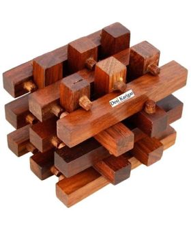 Desi Karigar Handmade Wooden IQ Teaser Puzzle Magic Games Jailed Square for Children Unique Gifts - Brown