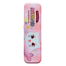 KARBD Cartoon Hardtop 2 Compartment Small Size Metal Pencil Box - Mermaid Cat Design, Pink Colour
