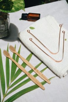 Almitra Sustainables - Oral Care Set – Bamboo Bristle Toothbrush and Copper Tongue Cleaner (Pack of 2)