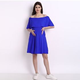 MoMoms-Cold Shoulder Skater Dress with a cape blue-Royal Blue-S