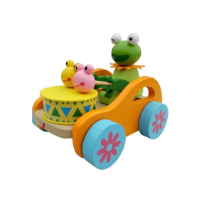 DruArts Handmade Wooden Drumming Frog Pull Along Toy for Kids 