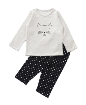 Funkrafts Kids Full Sleeves Cotton and Fleece Night Suit Just Kitten Print - Off White Black
