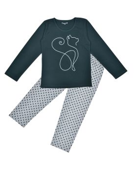 Funkrafts Girls Full Sleeves T-shirt and Bottom Nightsuit Animal Print - Teal Green