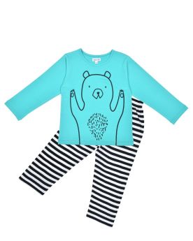 Funkrafts Kids Full Sleeves T-shirt and Bottom Night Suit Animal Print - Turquoise & Stripes