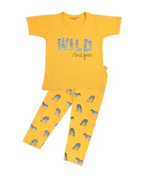 Funkrafts Girls Half Sleeves T-shirt and Bottom Nightsuit Animal Print - Mustard