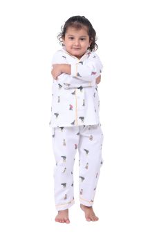 Funkrafts Boys Full Sleeves 100% Cotton Printed Nightsuit -  White-4-5 Years