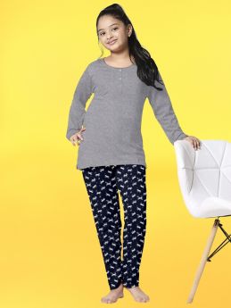 Funkrafts Girls Henley Full Sleeves 100% Cotton T-shirt and Bottom Nightsuit  -  Navy Blue & Grey