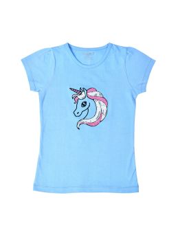 FUNKRAFTS Girls Half Sleeves Sequence 100% Cotton T-Shirt - Blue-5-6 Years
