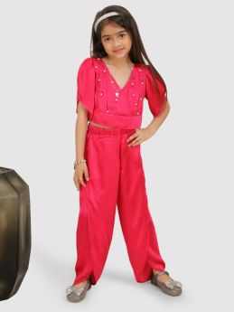 Jelly Jones  emblished beads Pleated top with petal sleeve & Pant  -Pink