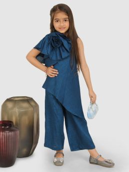 Jelly Jones Emeblished with shoulder flower asymetric top & culote -Royal Blue 