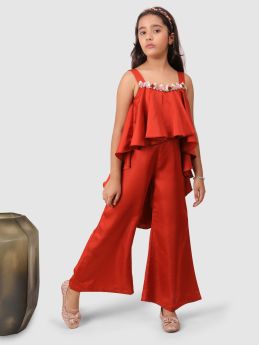 Jelly Jones  Asymentric jumpsuit with flower embelishment Coral Brown-JJ#167-3-4 Years