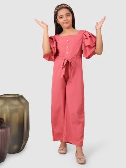 Jelly Jones Layered flare Sleeve jumpsuit with pearl embelishment Pink-JJ#168-3-4 Years