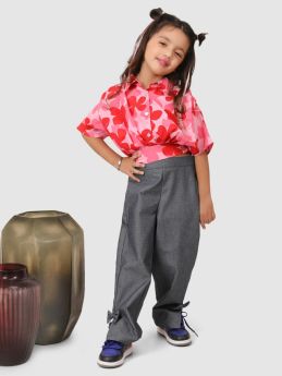 Jelly jones Flower Print baloon top with pant Pink and Grey -JJC#59