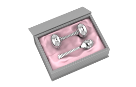 Sterling Silver-Silver Plated Gift Set for Baby - Hamper with Twisted Dumbbell Rattle and Spoon-Pink