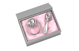 Sterling Silver-Silver Plated Gift Set for Baby - Hamper with Piggy Rattle and Spoon-Pink