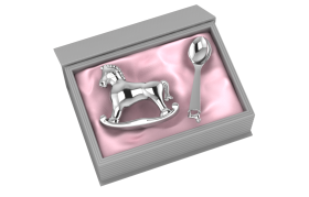 Sterling Silver-Silver Plated Gift Set for Baby - Hamper with Horse Rattle and Spoon-Pink
