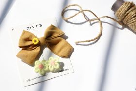 Myra Miracles-Linen Musturd Fabric Bow with handmade Sunflower Claycharm + Pastel Floral Hairclip