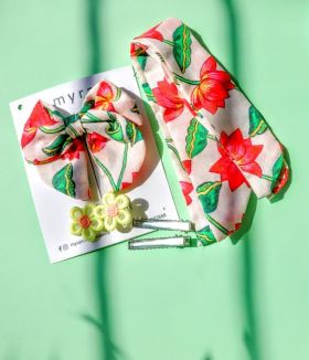 Myra Miracles-Lotus Fabric Bow + Pastel Floral Hairclip