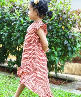 Myra Miracles-Long Ruffle Cotton Dress - Rust Polka Dot-1-2 Years