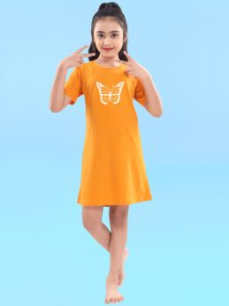 Funkrafts Girls Full Sleeves 100% Cotton Night Dress - Mustard-4-5 Years