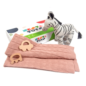 NESTA TOYS-Newborn Gift Set - Knitted Cotton Blanket, Zebra Plush Toy, Elephant & Car Teether