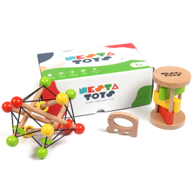 NESTA TOYS-Newborn Gift Set - Wooden Skwish Rattle, Clacker Rattle and Elephant Teether
