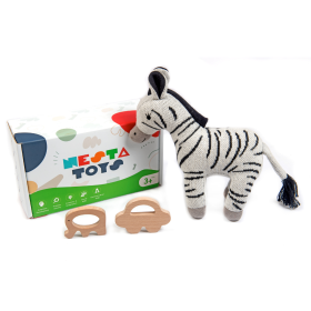 NESTA TOYS-Newborn Gift Set - Zebra Plush Toy, Wooden Elephant & Car Teether