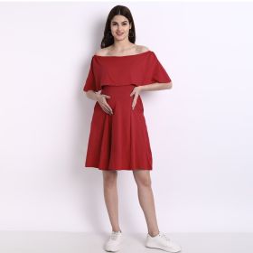 MoMoms-Cold Shoulder Skater Dress with a cape blue-Maroon-S
