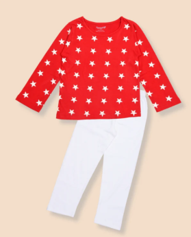 Funkrafts-Red & White Stars Print Cotton Kids Night Suit