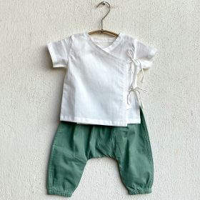 whitewater kids unisex organic essential white angrakha top + mint pants-0-3 months