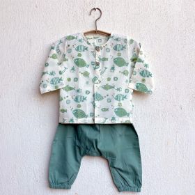 whitewater kids unisex organic fish print kurta + mint pants-6-9 months