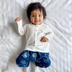 whitewater kids unisex organic white kurta + zoo print indigo pants-6-9 months