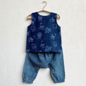 whitewater kids unisex organic zoo jhabla with indigo check pants-0-3 months