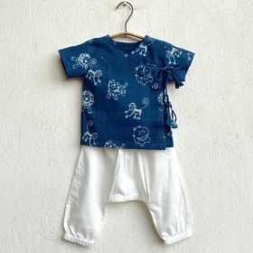 whitewater kids unisex organic zoo print indigo angarakha top + white pants-0-3 months