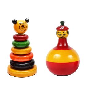 Channapatna Toys Wooden Roly Poly balancing doll & Stacking Toy with 5 Rings for Kids ( 1 Years+) - Set of 2 Pieces - Develops curiosity & Fine motor skills-WRPSSTK002