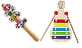 Channapatna Toys Wooden Xylophone & Jingle bell Rattle toys for kids ( 1 Year+) - 5 nodes - Multicolor - Discover Music | Xylophone Musical Toy for Babies/Kids-WXJB001