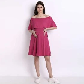 MoMoms-Cold Shoulder Skater Dress with a cape blue-Pink-S