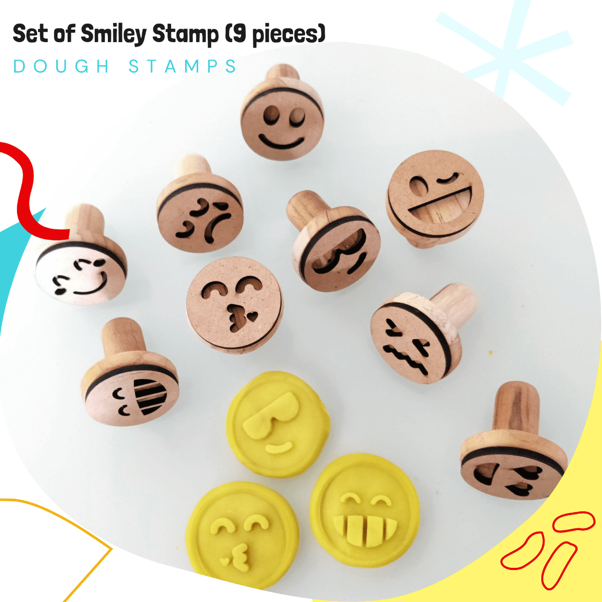 Smiley Play Dough Stamp Set | Wooden Toys | Wooden Stamps for Kids | Stamps for Kids Craft | 9 Piece Smile Emoji Stamps Set for Kids Teachers