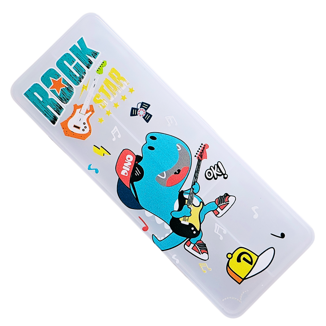 Translucent Double Sided Plastic Geometry Pencil Box - Dino Rock Star Design