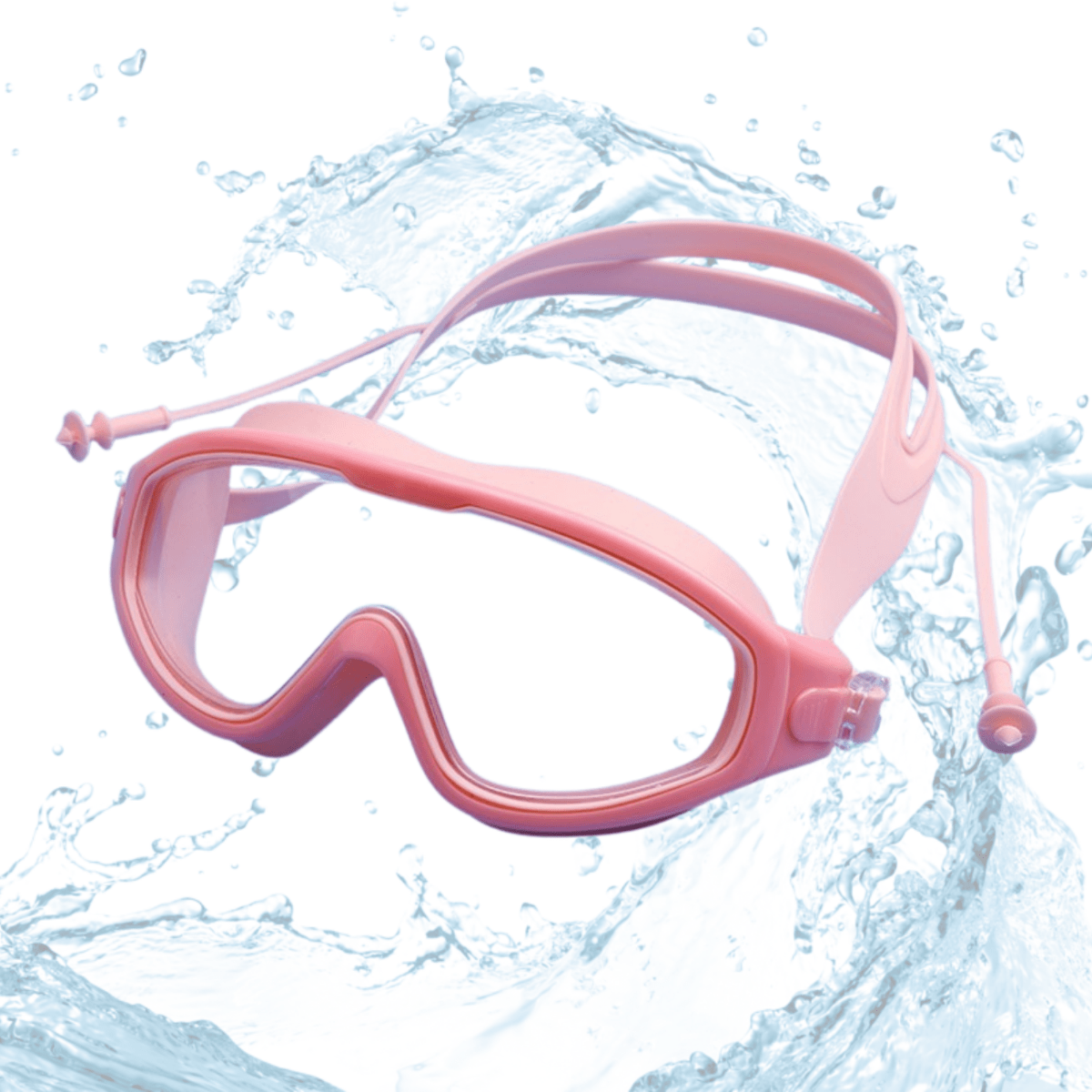 Swimming Goggles Large Frame Wide View Big Glasses with Connected Ear Plugs - Pink