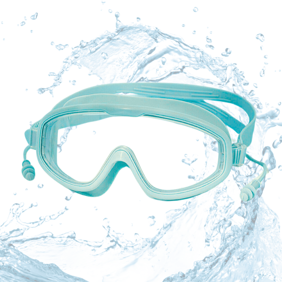 Swimming Goggles Large Frame Wide View Big Glasses with Connected Ear Plugs - Aqua Green White