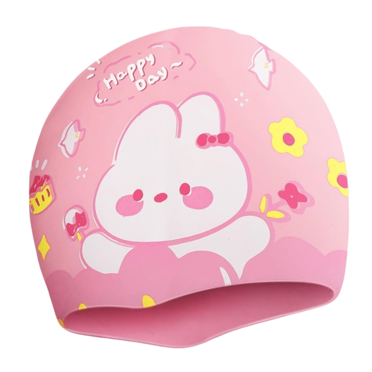 Cartoon Design Super Soft Silicone Swimming Cap for Kids - Pink Happy Day Bunny