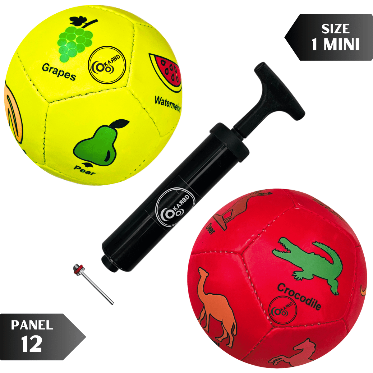 PVC Football with Pump & Pin - Size 1, 12 Panel, Red Animals & Lemon Fruits Learning