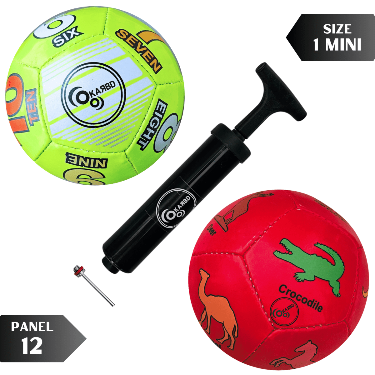 PVC Football with Pump & Pin - Size 1, 12 Panel, Green Numbers & Red Animals Learning