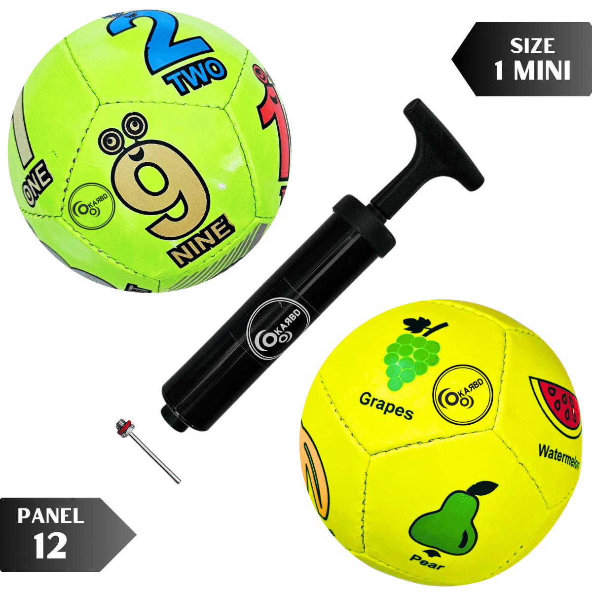 PVC Football with Pump & Pin - Size 1, 12 Panel, Green Numbers & Lemon Fruits Learning