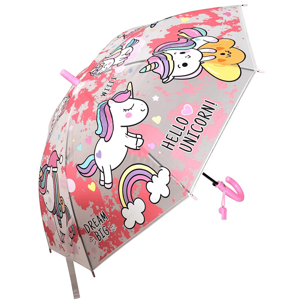 Translucent Unicorn Auto Open Kids Umbrella with Whistle - Light Pink Colour