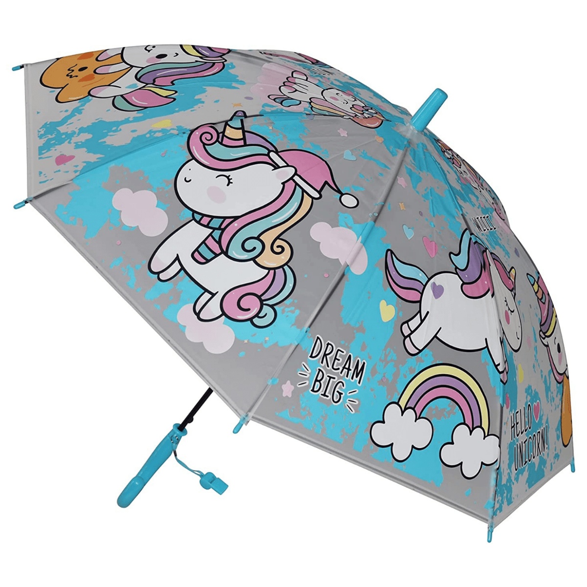 Translucent Unicorn Auto Open Kids Umbrella with Whistle - Light Blue Colour